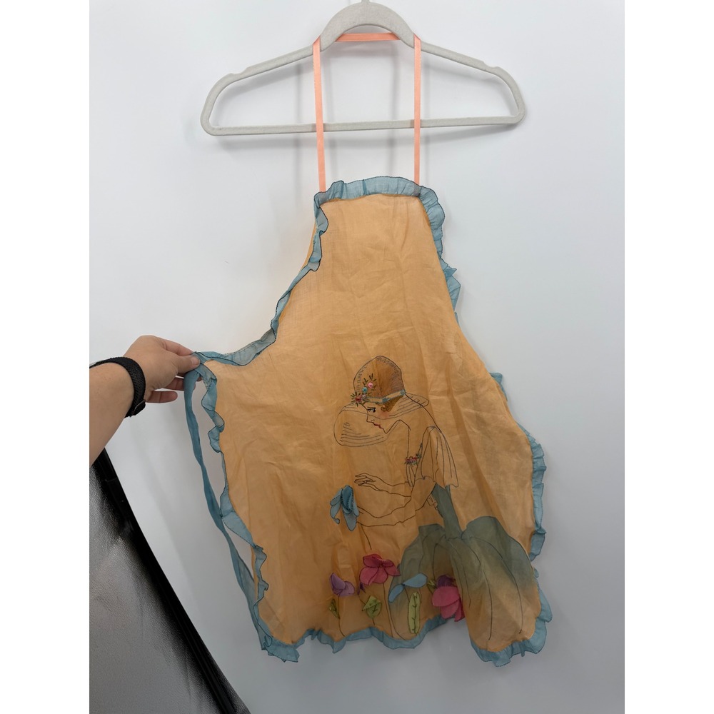 Unbranded Vintage Flapper Girl Apron Womens OS Orange Blue Ruffle Art Deco Art